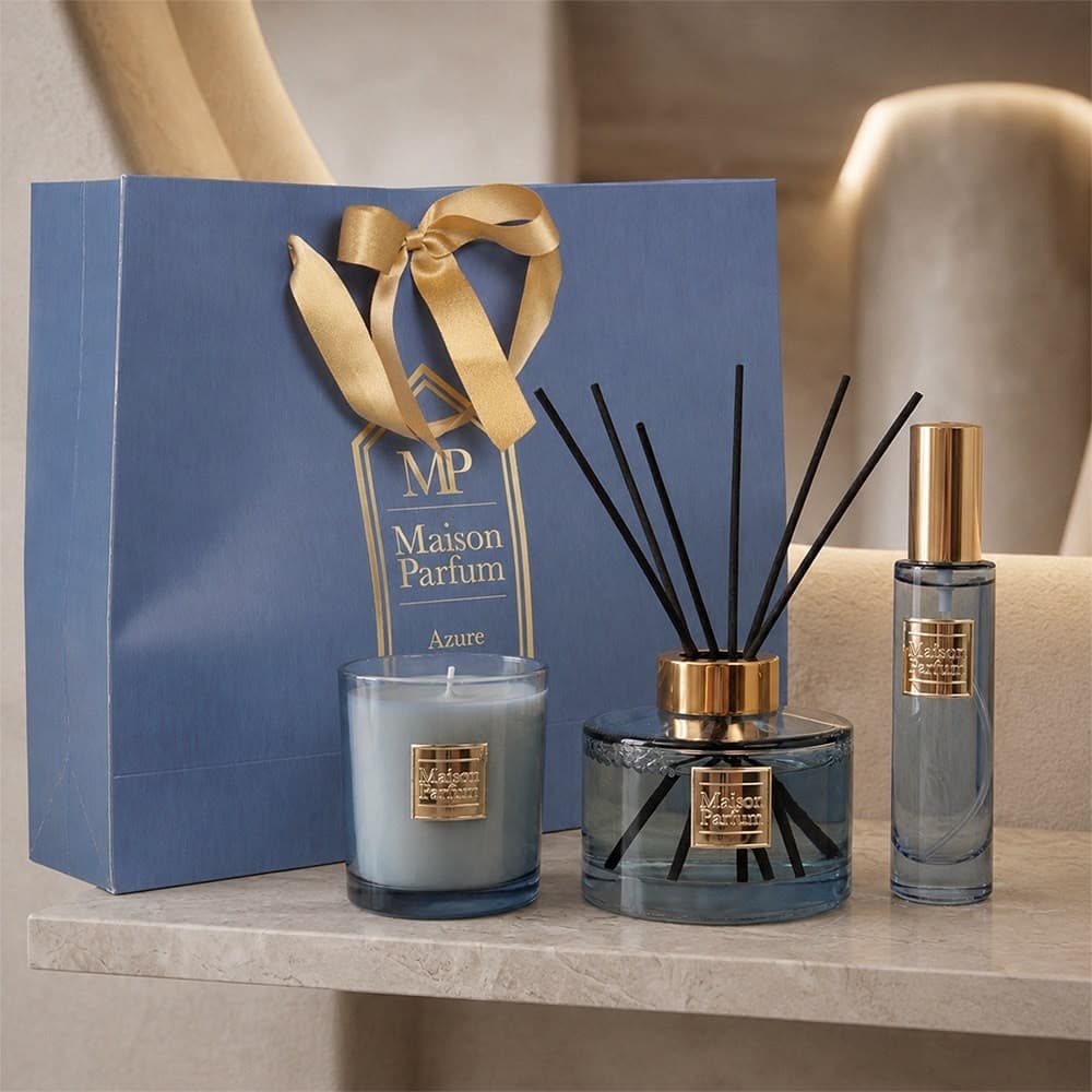 Maison Parfum 3-piece gift set (candle, reed diffuser, room spray); Azure, Tangy Peach, William Morris Willow Bough, William Morris Pimpernel