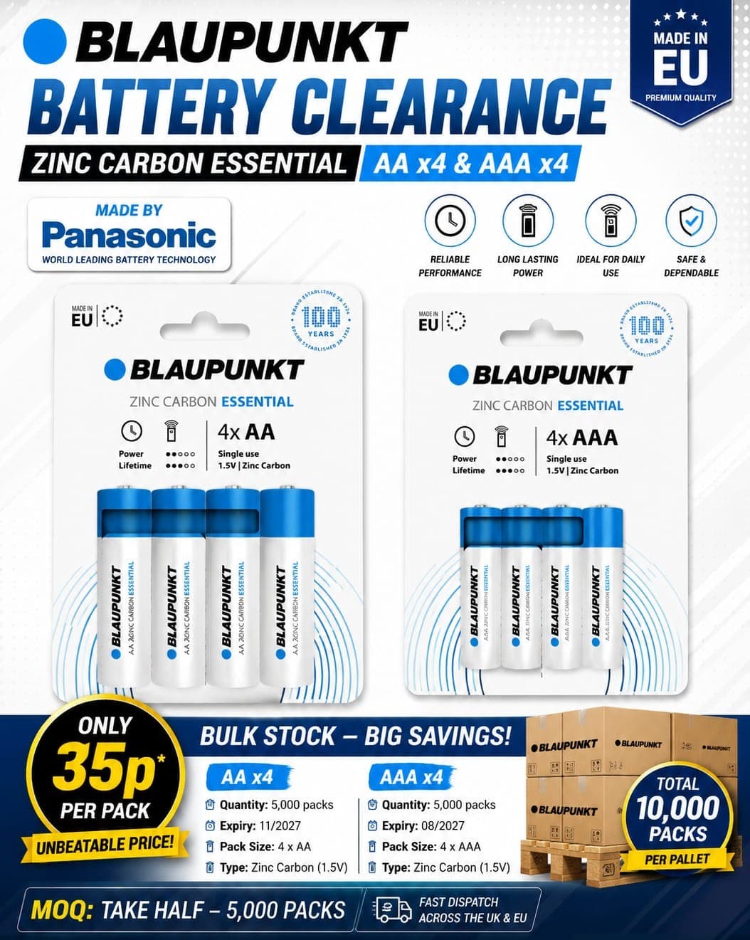 10,000 packs Blaupunkt Zinc Carbon Essential AA x4 and AAA x4 batteries (Made in EU)