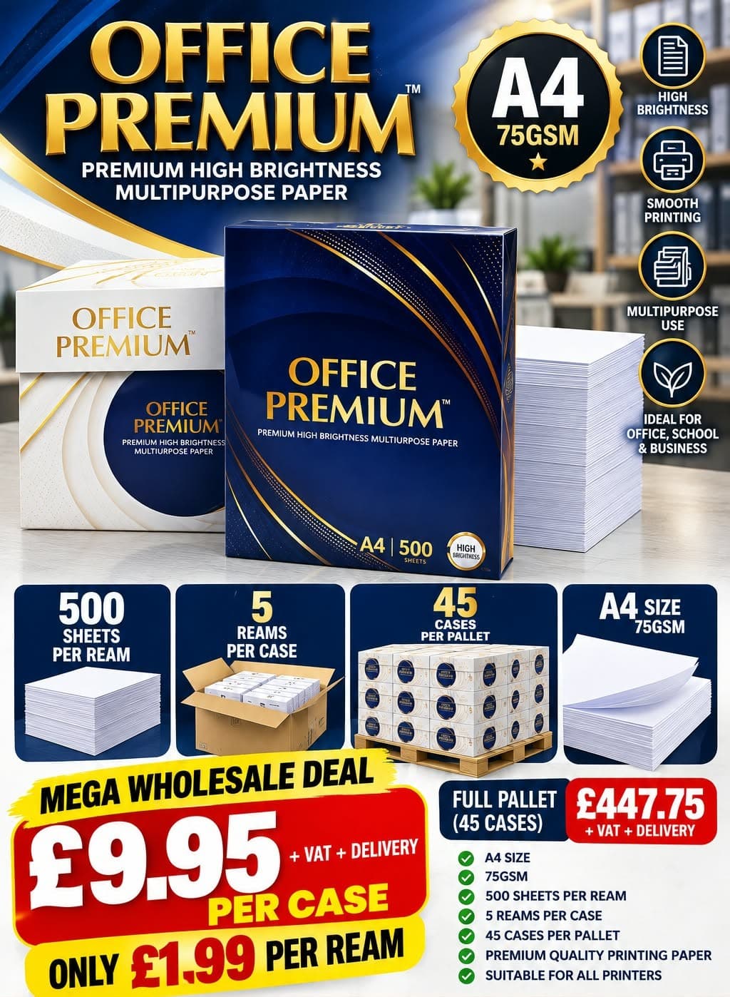 45 cartons Office Premium A4 Multipurpose Paper 75GSM, 500 sheets per ream, 5 reams per case