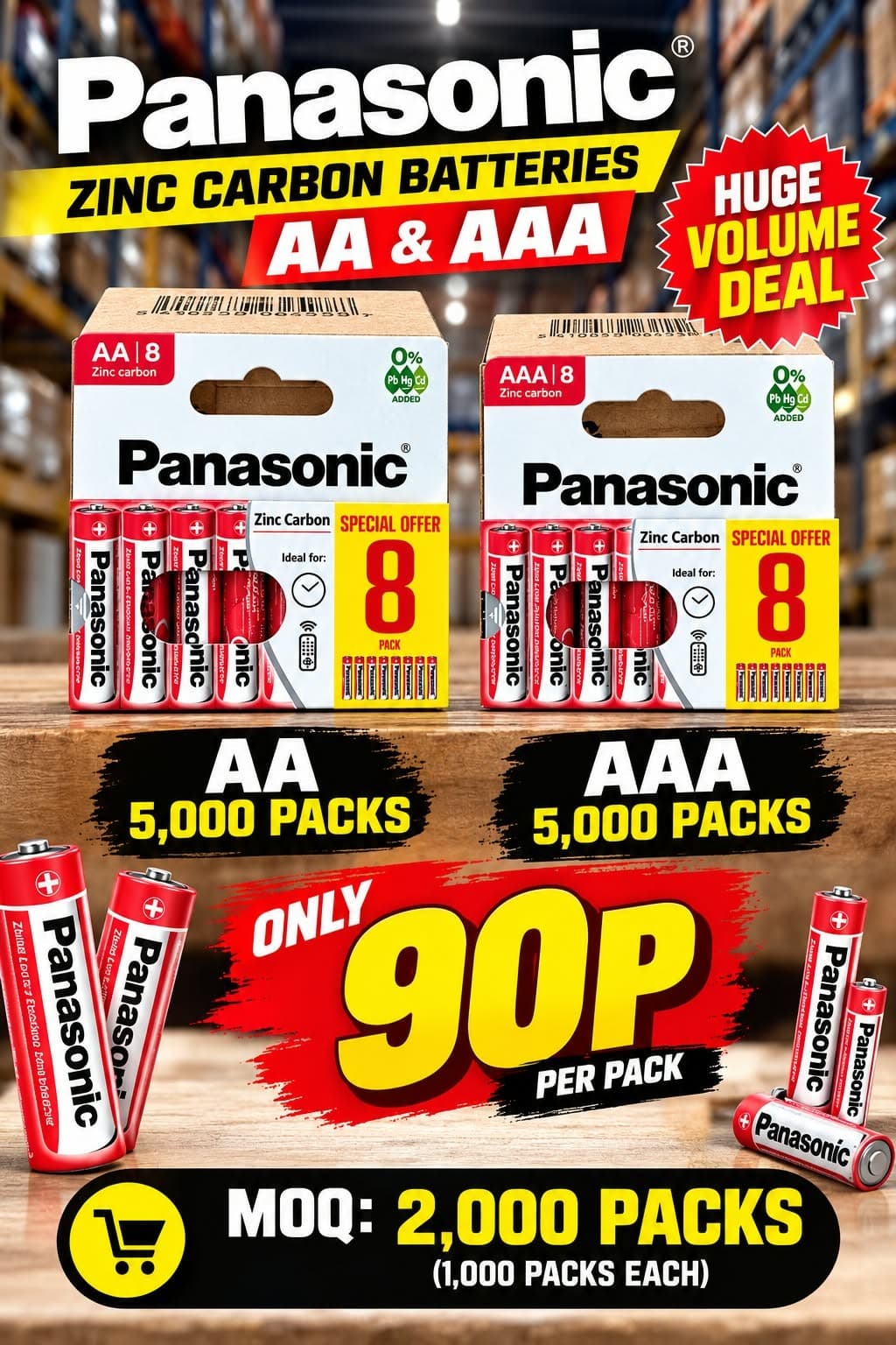 10,000 packs Panasonic Zinc Carbon Batteries AA and AAA