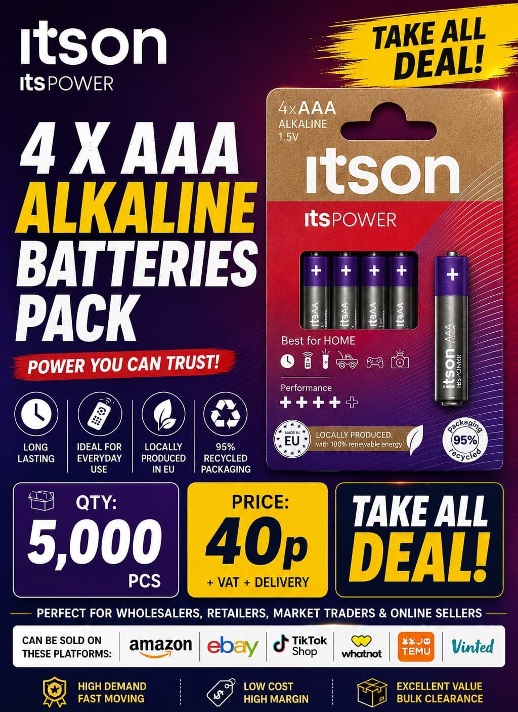 5,000 packs Itson 4 x AAA Alkaline Batteries pack