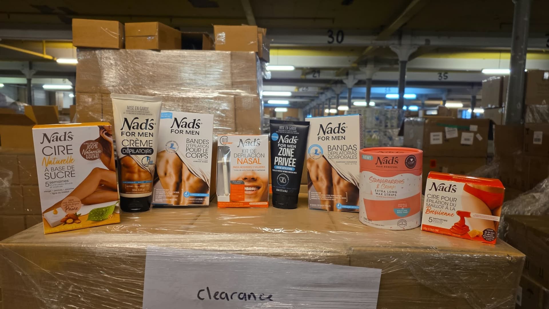 Nad's hair removal assortment (creams, wax strips, wax kits, nasal kit; French/Spanish packaging)