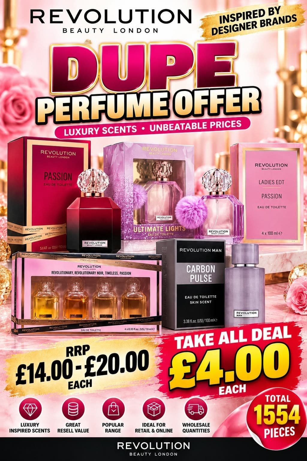 1,554 pieces Revolution Beauty dupe perfumes (EDT sets, Passion, Ultimate Lights, Revolution Man Carbon Pulse)