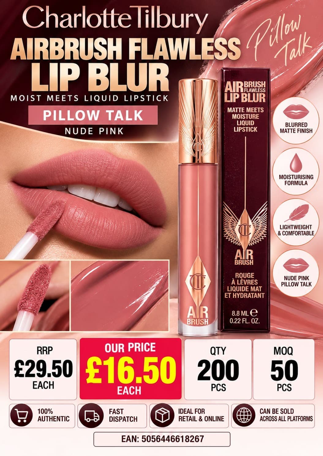 200 pieces Charlotte Tilbury Airbrush Flawless Lip Blur - Pillow Talk Nude Pink 8.8ml