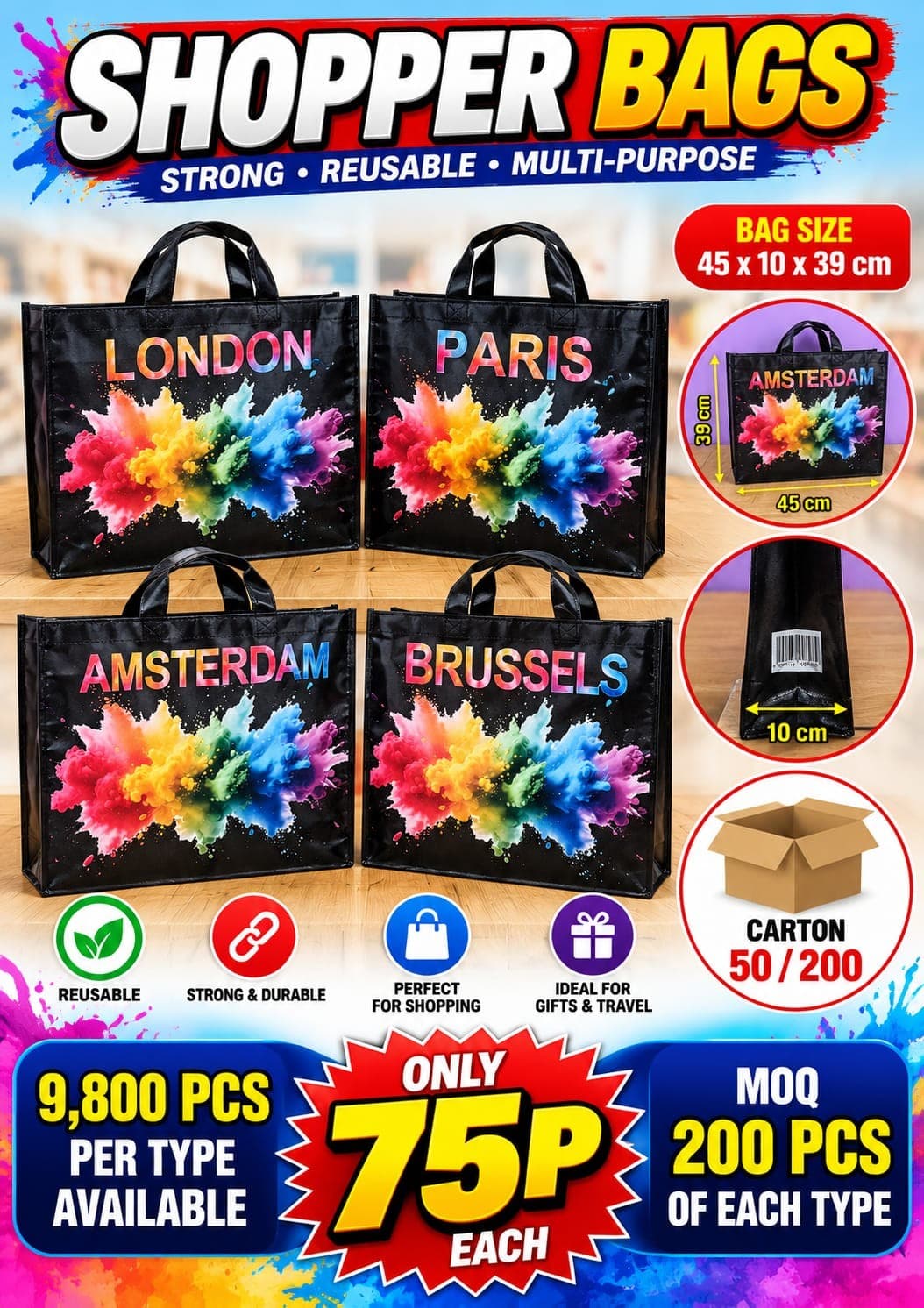 39,200 pieces Reusable shopper bags with city prints (London, Paris, Amsterdam, Brussels), 45x10x39cm