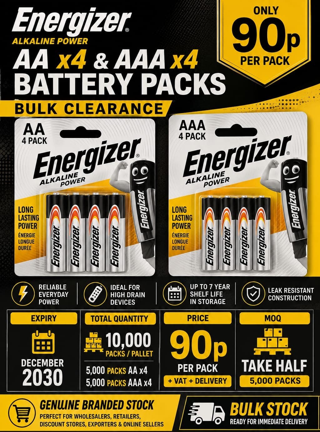 10,000 packs Energizer Alkaline Power AA x4 and AAA x4 battery packs
