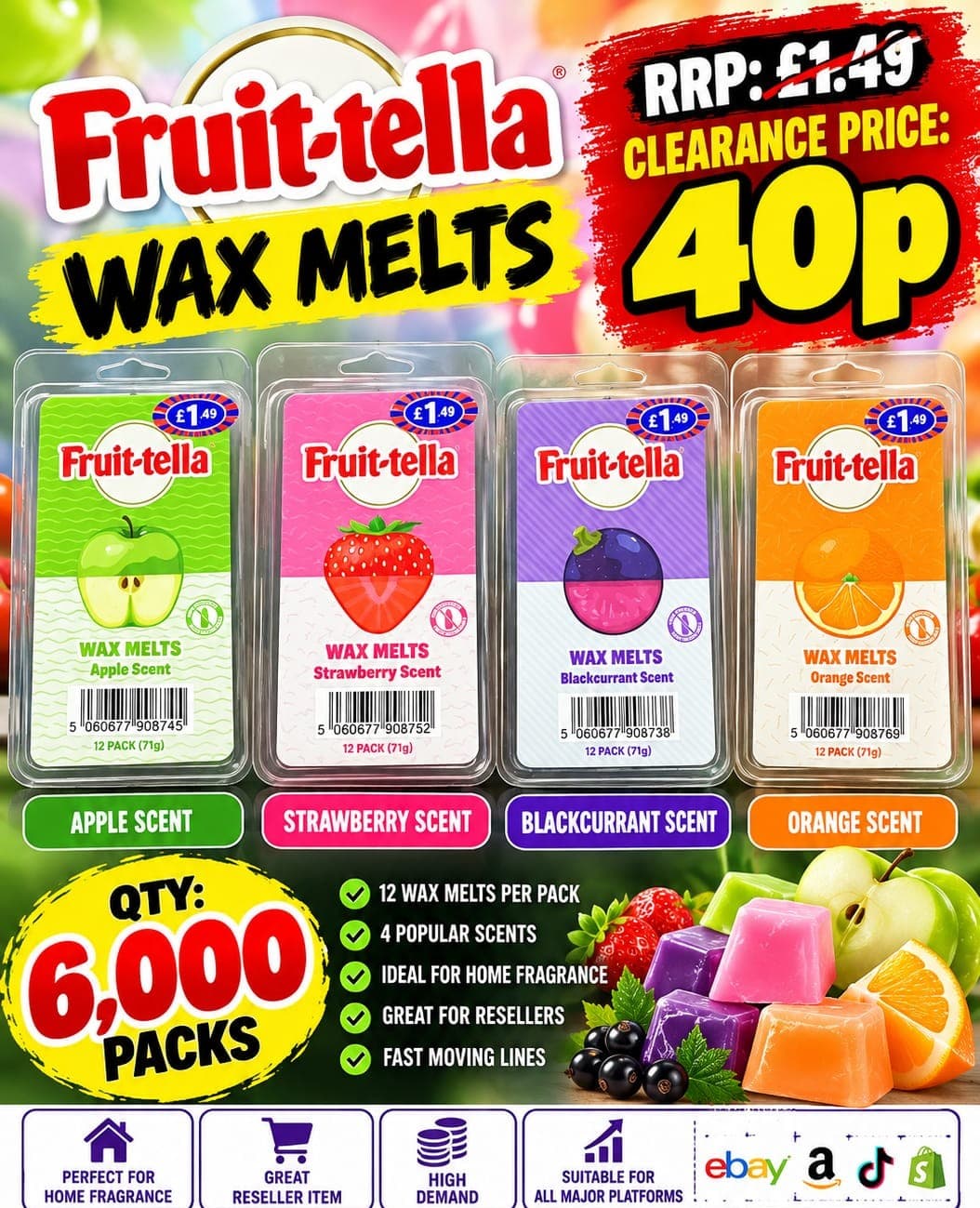 6,000 packs Fruit-tella Wax Melts 12 pack (71g), Apple/Strawberry/Blackcurrant/Orange