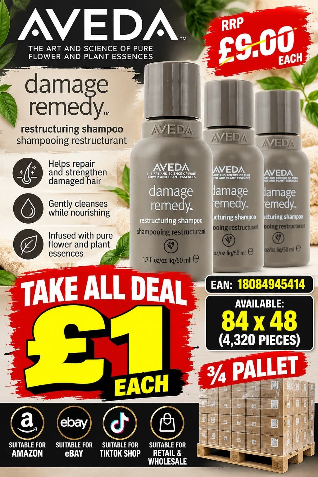 4,320 pieces Aveda Damage Remedy Restructuring Shampoo 50ml