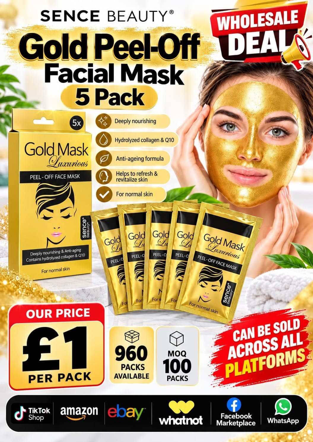 960 packs Sence Beauty Gold Peel-Off Facial Mask, 5 pack (hydrolyzed collagen and Q10)