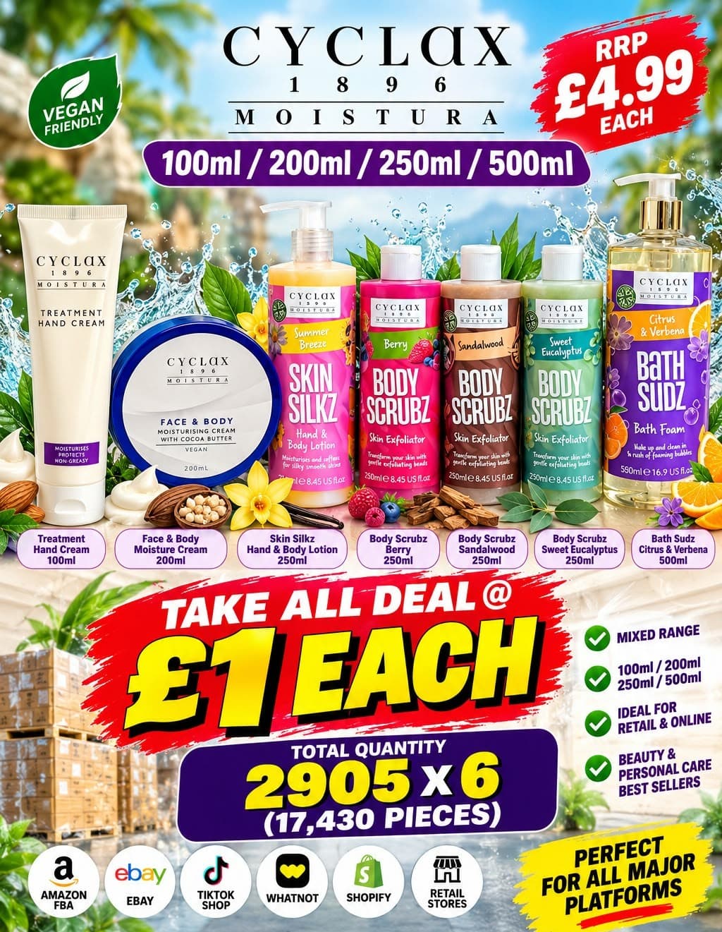 17,430 pieces Cyclax Moistura mixed range (hand cream, face & body cream, lotion, body scrubs, bath foam) 100-500ml