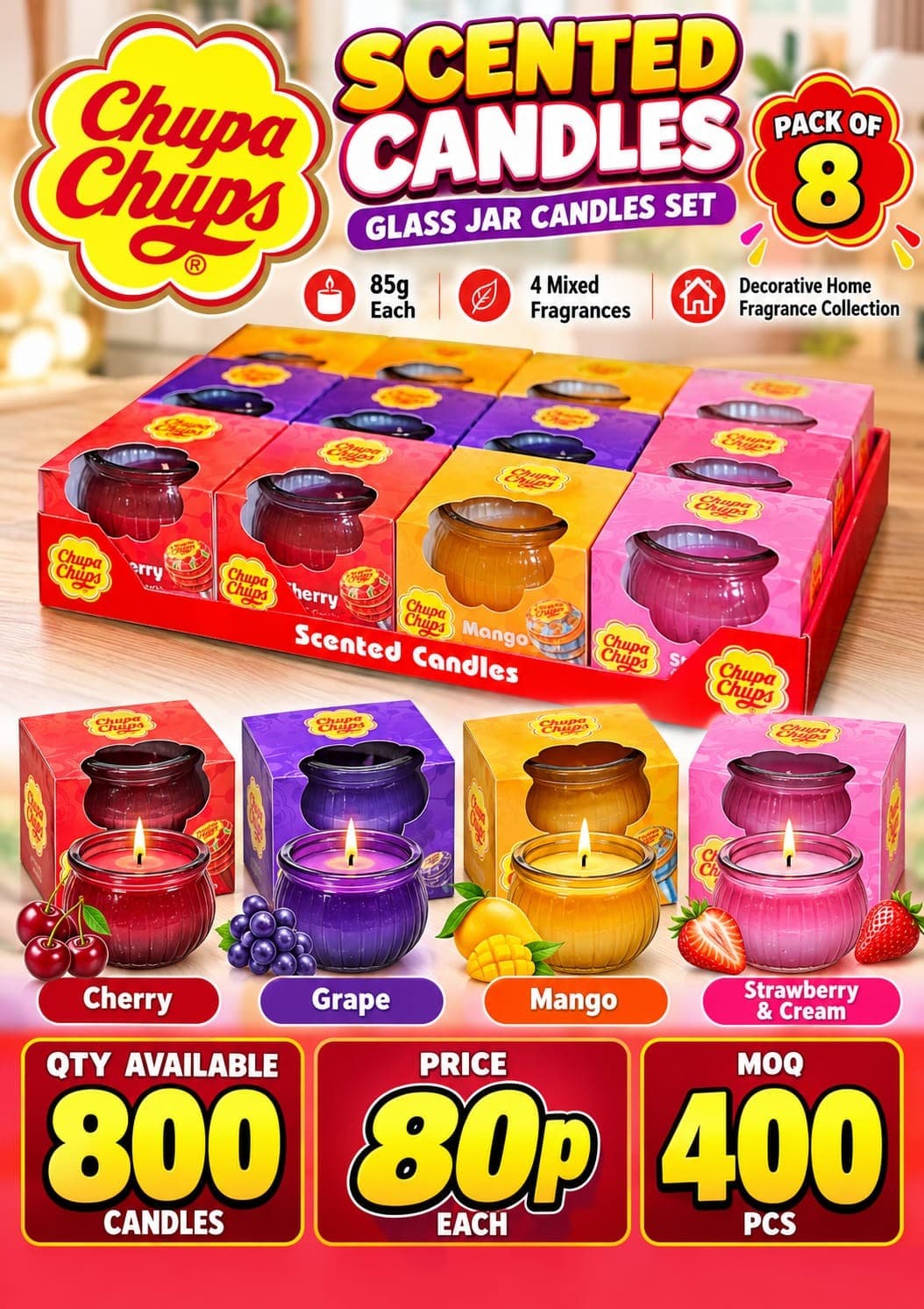 800 pieces Chupa Chups scented glass jar candles, 85g each, 4 fragrances (Cherry, Grape, Mango, Strawberry & Cream), pack of 8