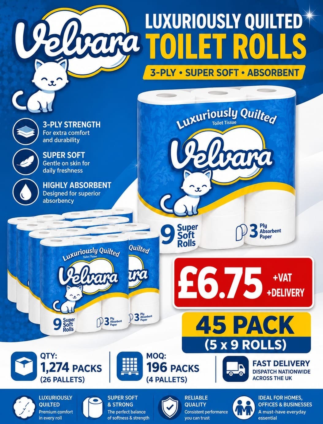 1,274 packs Velvara 3-Ply Luxuriously Quilted Toilet Rolls 45 Pack (5 x 9 rolls)