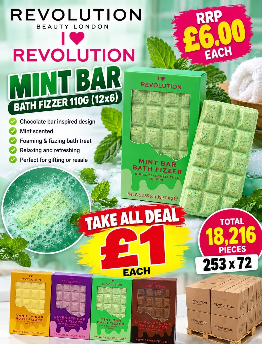 18,216 pieces I Heart Revolution Mint Bar Bath Fizzer 110g (12x6)