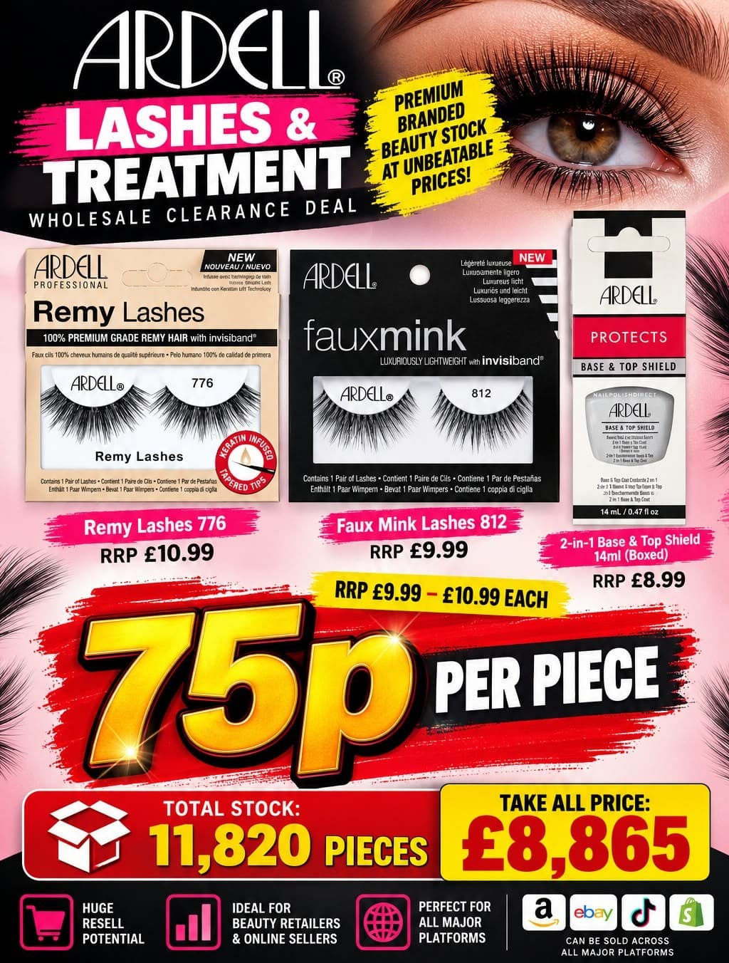11,820 pieces Ardell Lashes & Treatment mixed (Remy Lashes 776, Faux Mink 812, 2-in-1 Base & Top Shield 14ml)