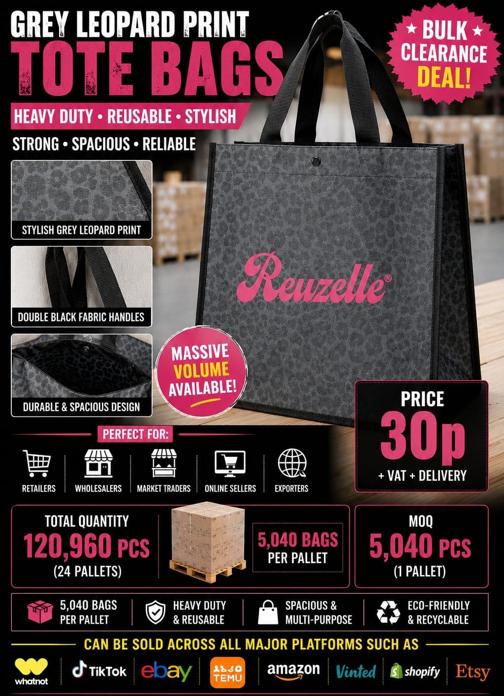 120,960 pieces Grey leopard print reusable heavy-duty tote bags with black fabric handles