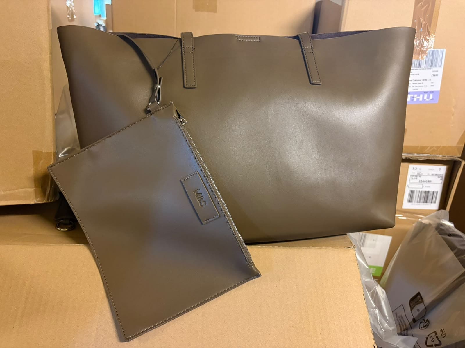 M&S Faux-leather tote bag with matching zip pouch (taupe/olive)