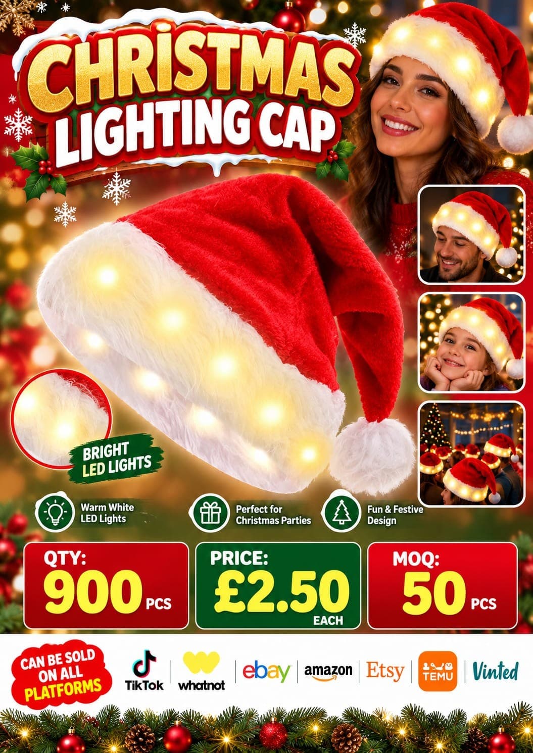 900 pieces Christmas LED Lighting Cap (Santa hat with warm white LEDs)