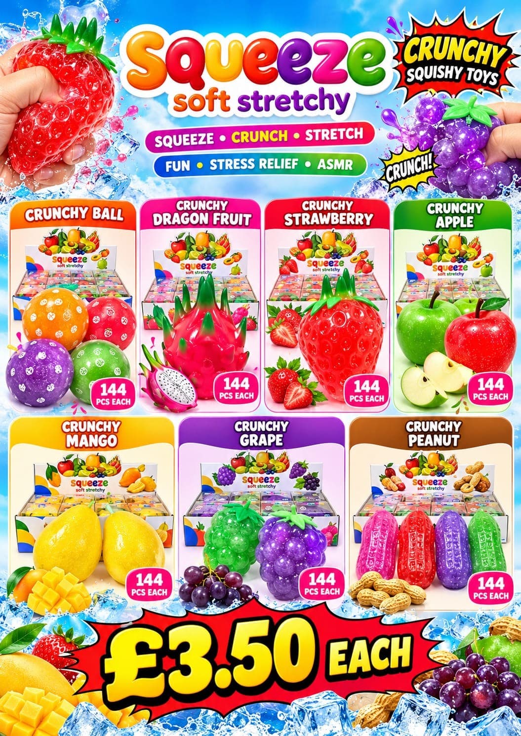 1,008 pieces Squeeze soft stretchy crunchy squishy toys (Ball, Dragon Fruit, Strawberry, Apple, Mango, Grape, Peanut)