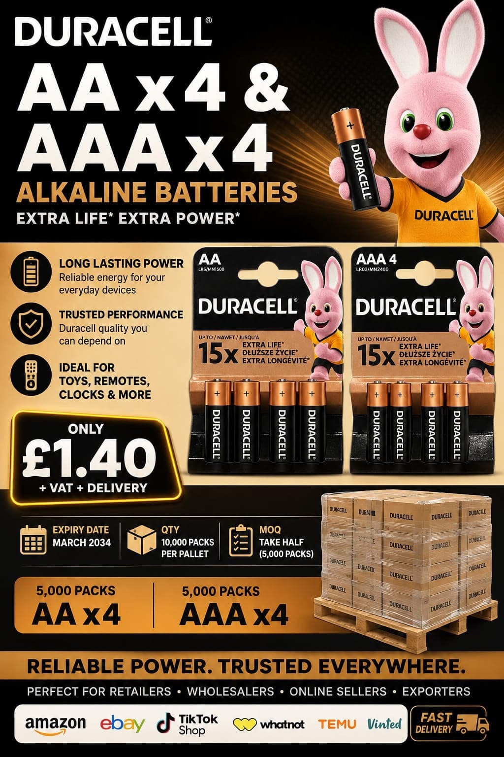 10,000 packs Duracell Alkaline Batteries AA x4 and AAA x4 packs