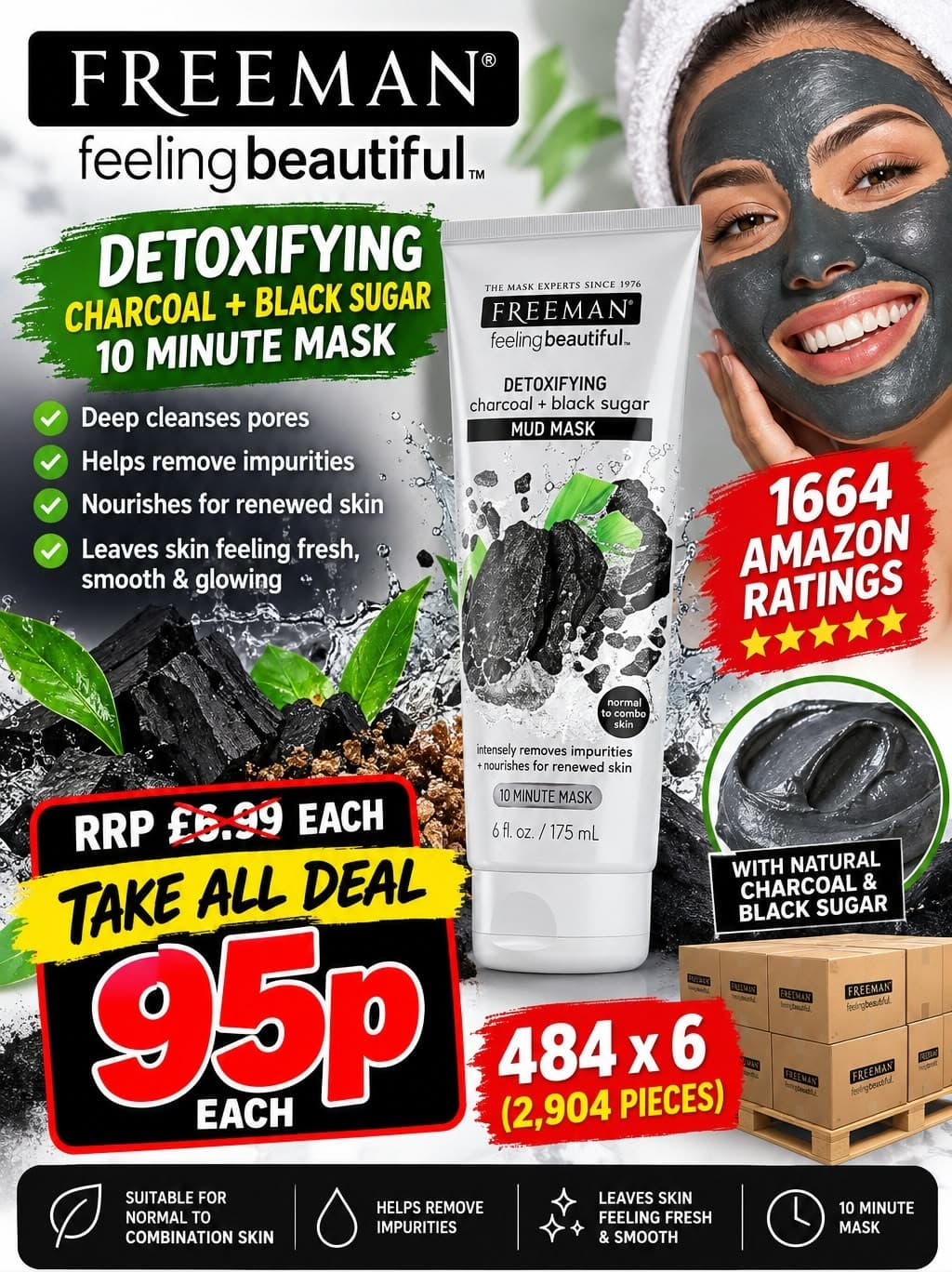 2,904 pieces Freeman Detoxifying Charcoal + Black Sugar 10 Minute Mask 175ml