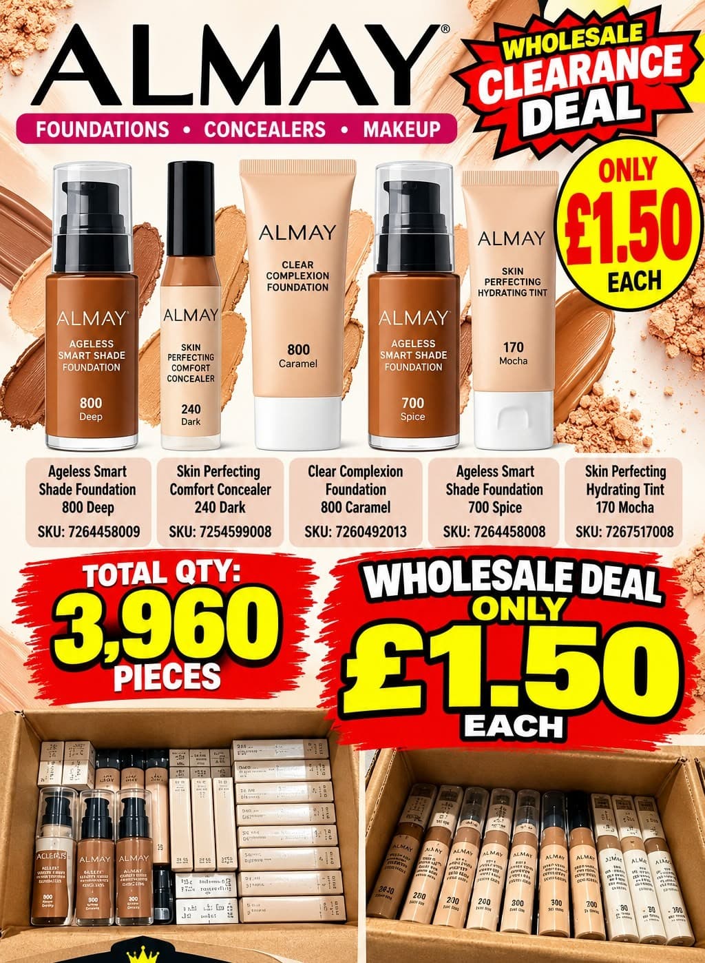 3,960 pieces Almay mixed makeup (Ageless Smart Shade foundation, Skin Perfecting concealer, Clear Complexion foundation, Hydrating Tint)
