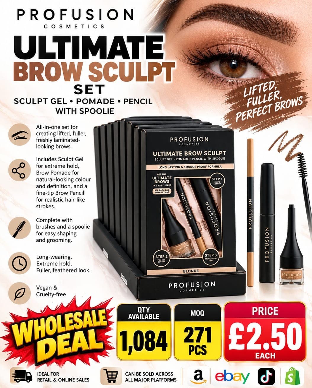 1,084 pieces Profusion Cosmetics Ultimate Brow Sculpt Set (sculpt gel, pomade, pencil with spoolie), Blonde