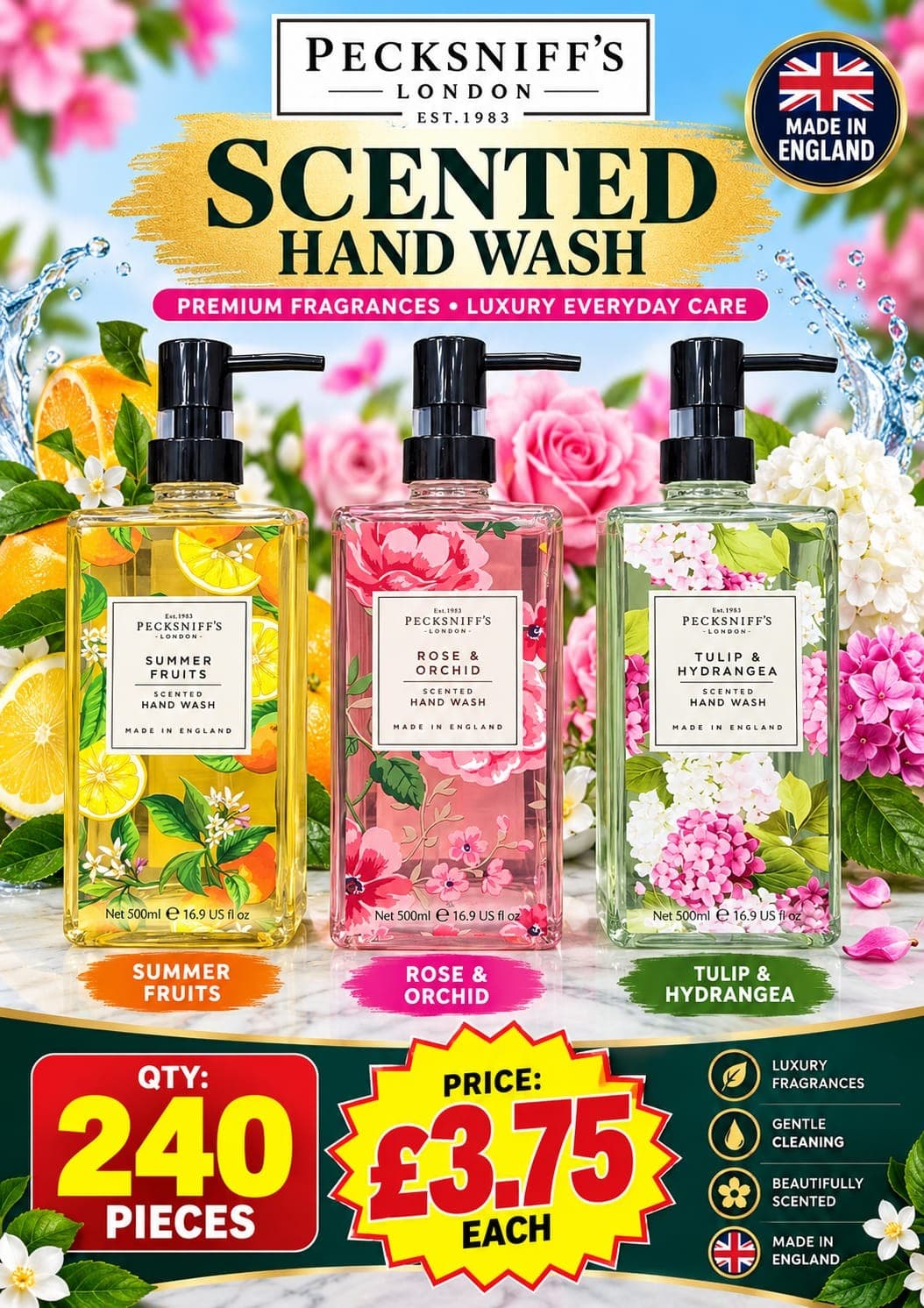 240 pieces Pecksniff's London Scented Hand Wash 500ml (Summer Fruits, Rose & Orchid, Tulip & Hydrangea)
