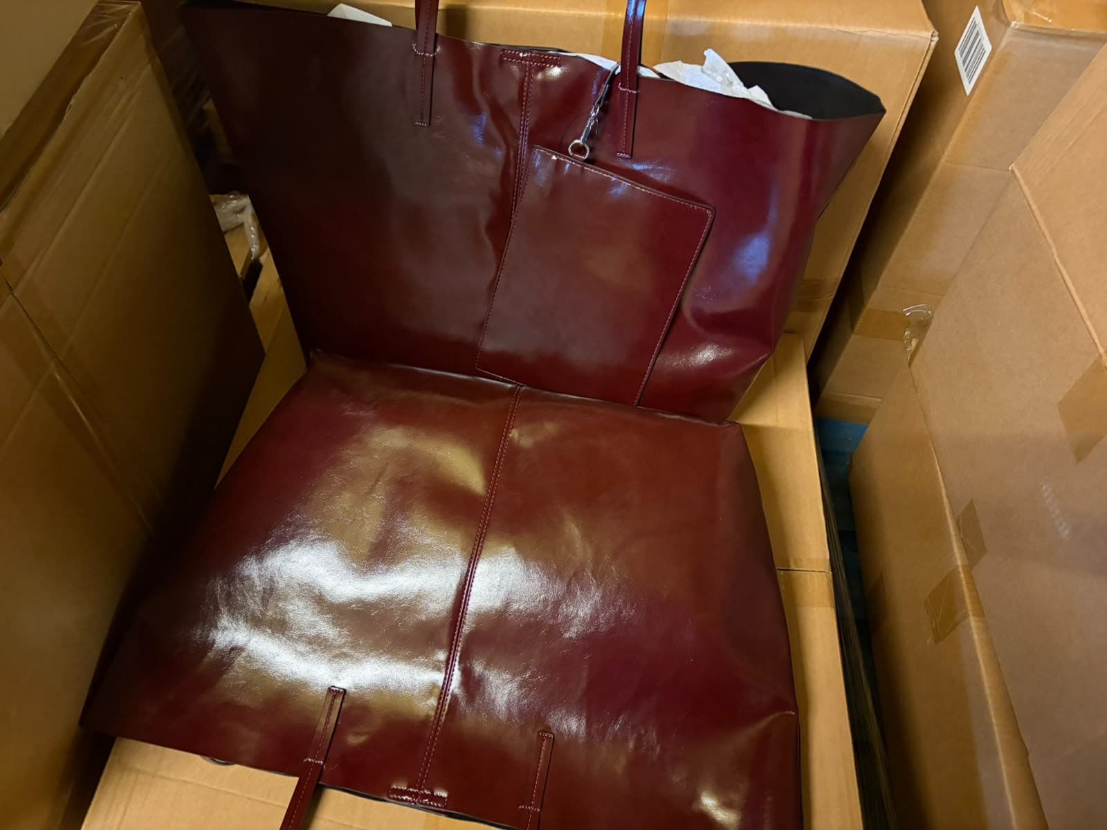 M&S Burgundy glossy tote bag with detachable pouch