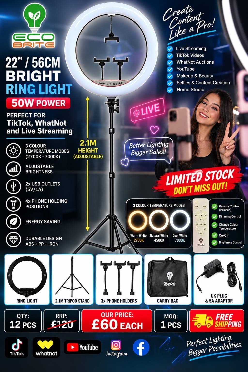 12 pieces Ecobrite 22in (56cm) 50W ring light with 2.1m stand, remote, 3 phone holders and carry bag