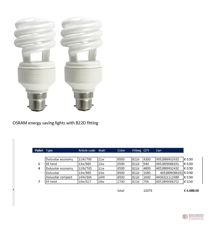 Extensive Stock of Osram Energy-Saving Lamps with B22D Fitting