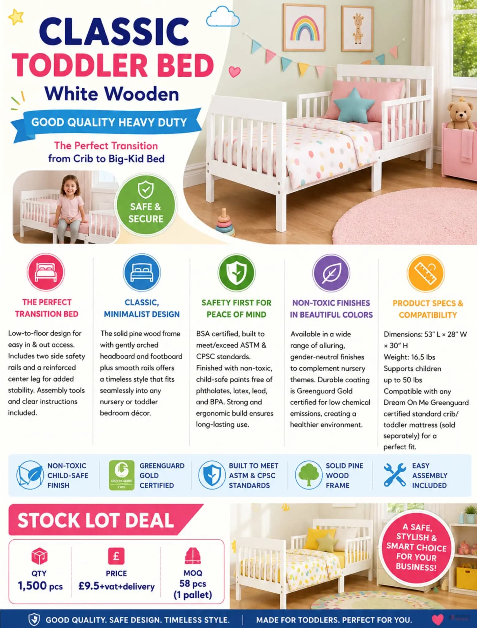 1500 PIECES Classic Toddler Bed, White. (SUPER DEAL)