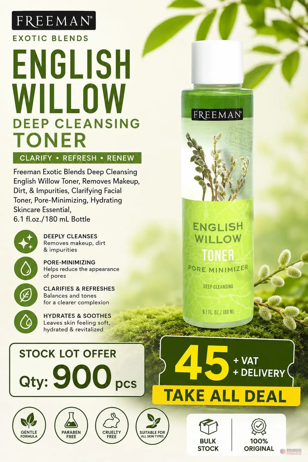 900 PIECES Freeman Exotic Blends Deep Cleansing English Willow Toner,