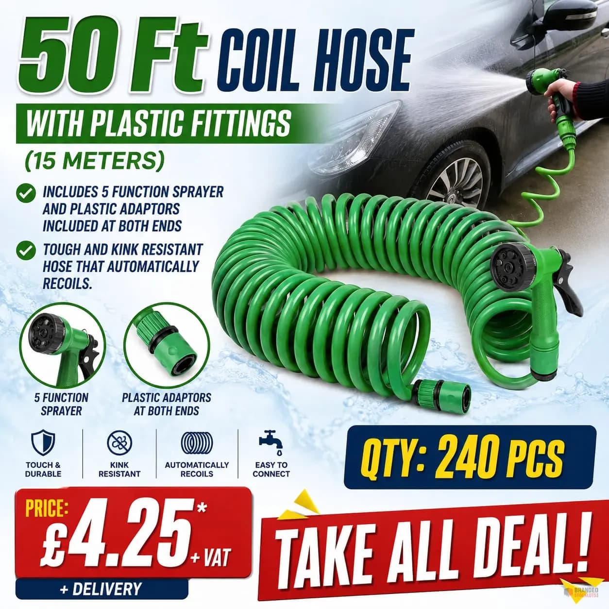 240 PIECES - 50 Ft Coil Hose with Plastic Fittings (15 Meters)