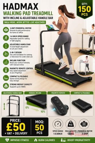 150 pieces HADMAX Walking Pad Treadmill with Incline and Adjustable Handle Bar 3.0HP