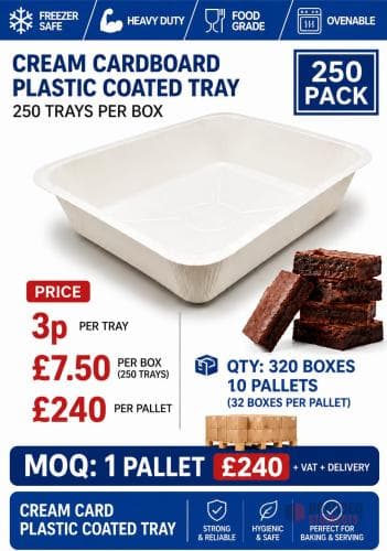 Cream Cardboard Plastic Coated Tray. 250 trays per box