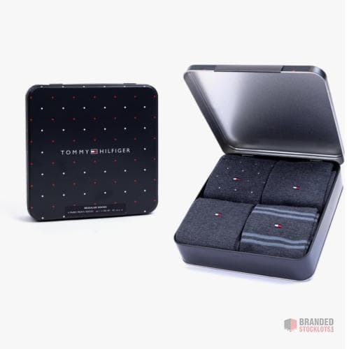 2124 Tin Gift sets Tommy Hilfiger Stripe Dot Gift Box 4 Pack Mens Socks Black