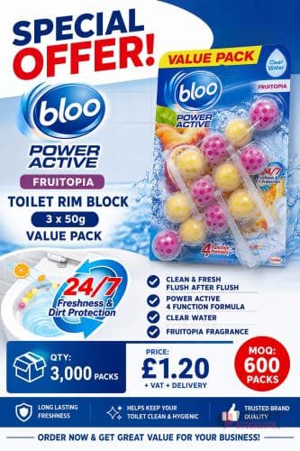 3000 packs Bloo Power Active Fruitopia Toilet Rim Block 3 x 50g Value Pack