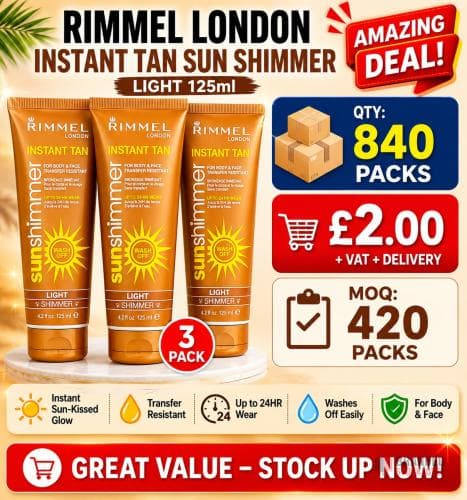 840 packs 3 x Rimmel London Instant Tan Sun Shimmer Instant Tan - Light 125ml