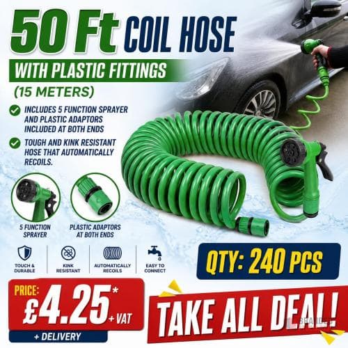 240 PIECES - 50 Ft Coil Hose with Plastic Fittings (15 Meters)