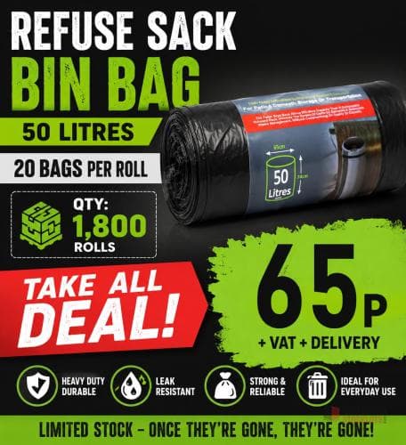 1800 ROLLS Refuse Sack Bin Bag 50 Litres 20 Bags per roll