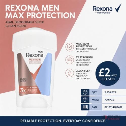 2838 pieces REXONA MEN MAX PROTECTION 45ML DEODORANT STICK CLEAN SCENT