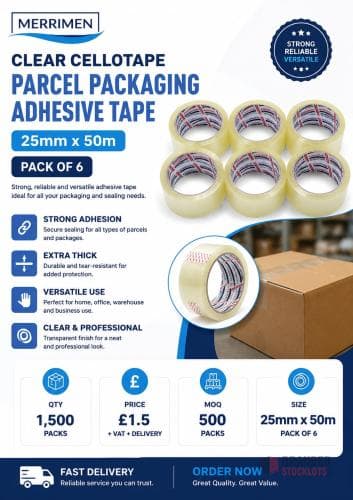 1500 packs Merrimen Clear Cellotape Parcel Packaging Adhesive Tape 25mm x 50m (pack of 6k