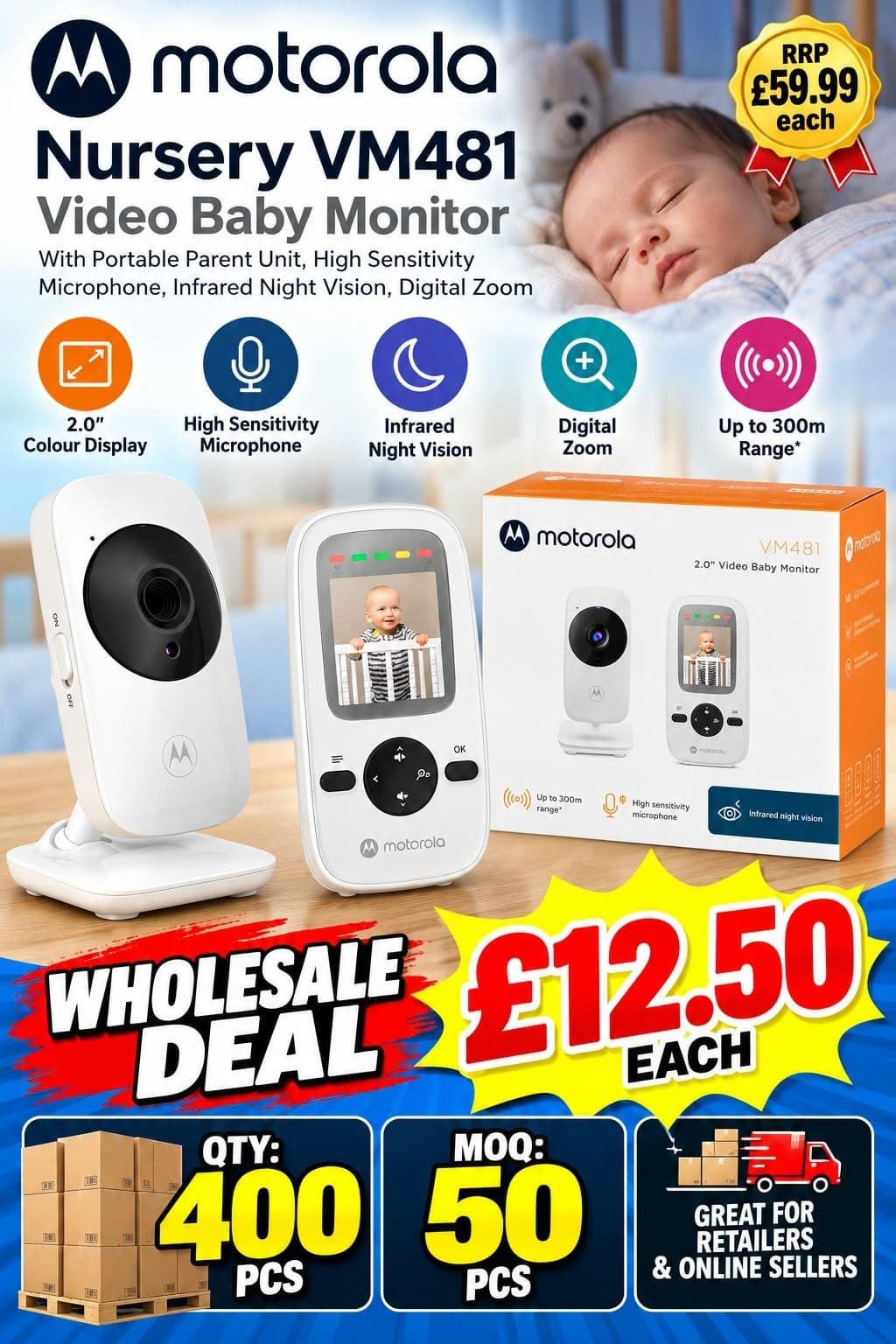 400 pieces Motorola Nursery VM481 Video Baby Monitor with Portable Parent Unit, Infrared Night Vision, Digital Zoom, Silver