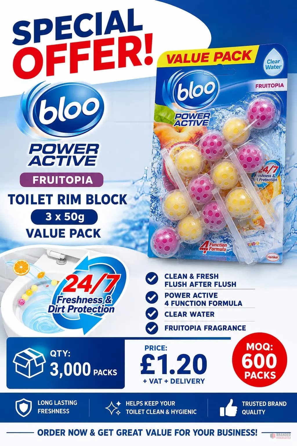3000 packs Bloo Power Active Fruitopia Toilet Rim Block 3 x 50g Value Pack