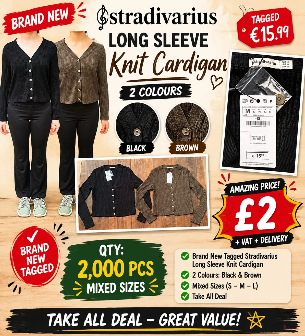 2000 pieces Brand New Tagged Stradivarius Long Sleeve Knit Cardigan - Premier B2B Stocklot Marketplace 2000 pieces Brand New Tagged Stradivarius Long Sleeve Knit Cardigan - Premier B2B Stocklot Marketplace