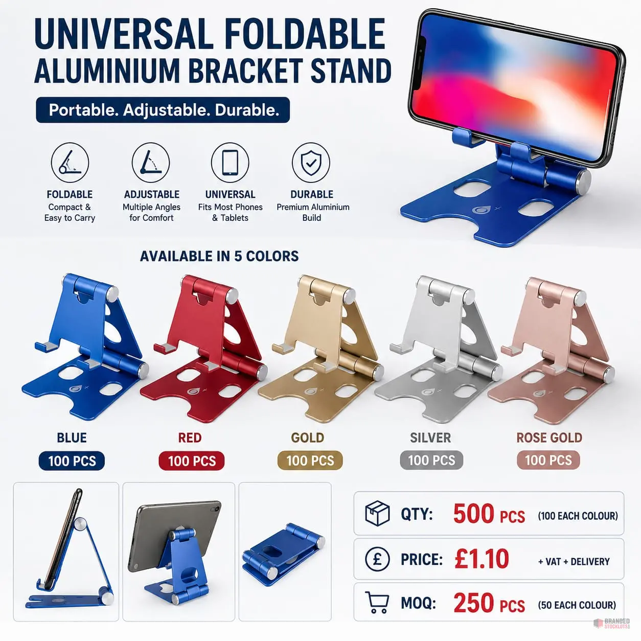 Universal Foldable Aluminium Bracket Stand available in 5 colors - Premier B2B Stocklot Marketplace Universal Foldable Aluminium Bracket Stand available in 5 colors - Premier B2B Stocklot Marketplace