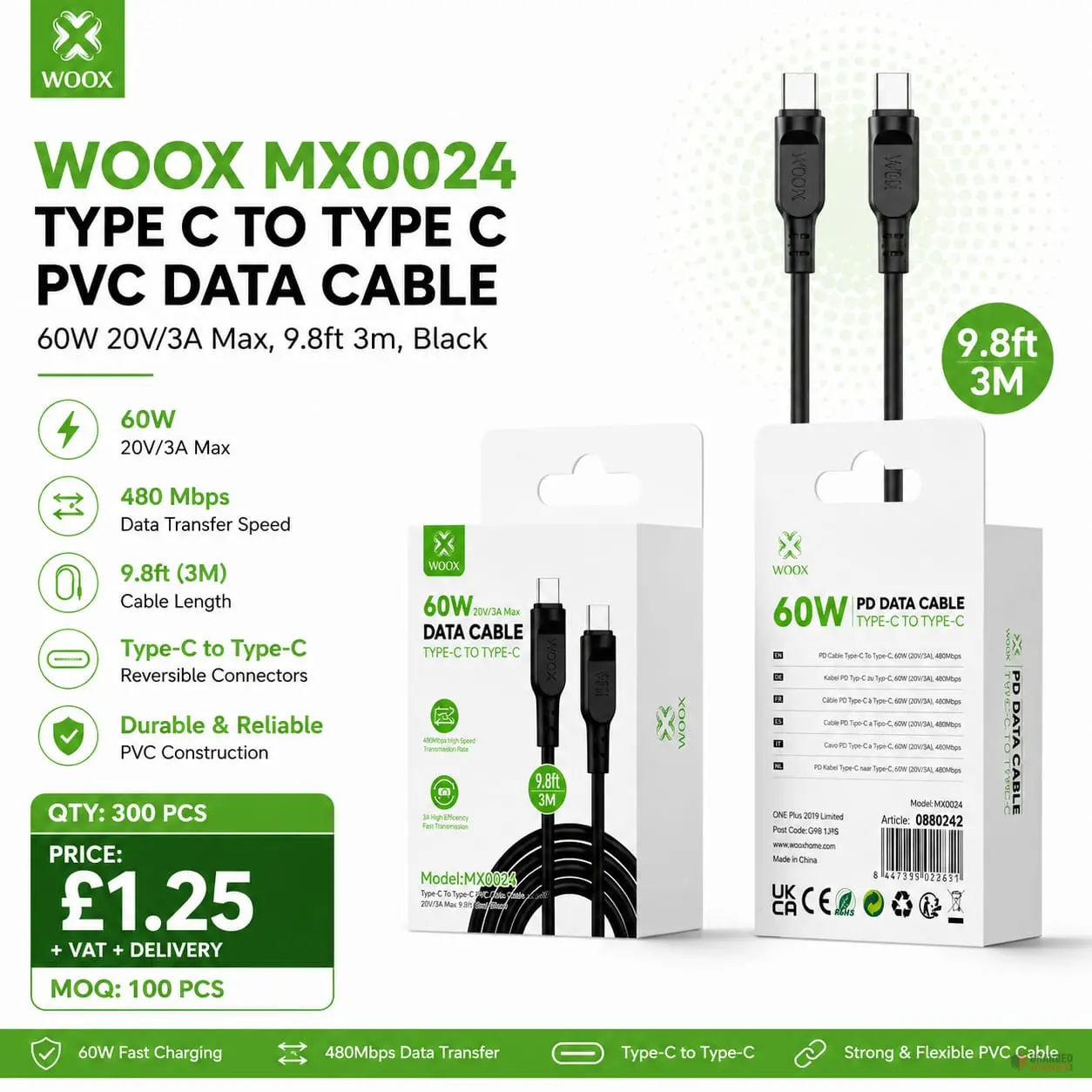 300 pieces Woox MX0024 Type C to Type C PVC Data Cable, 60W 20V/3A Max, 9.8ft 3m - Premier B2B Stocklot Marketplace 300 pieces Woox MX0024 Type C to Type C PVC Data Cable, 60W 20V/3A Max, 9.8ft 3m - Premier B2B Stocklot Marketplace