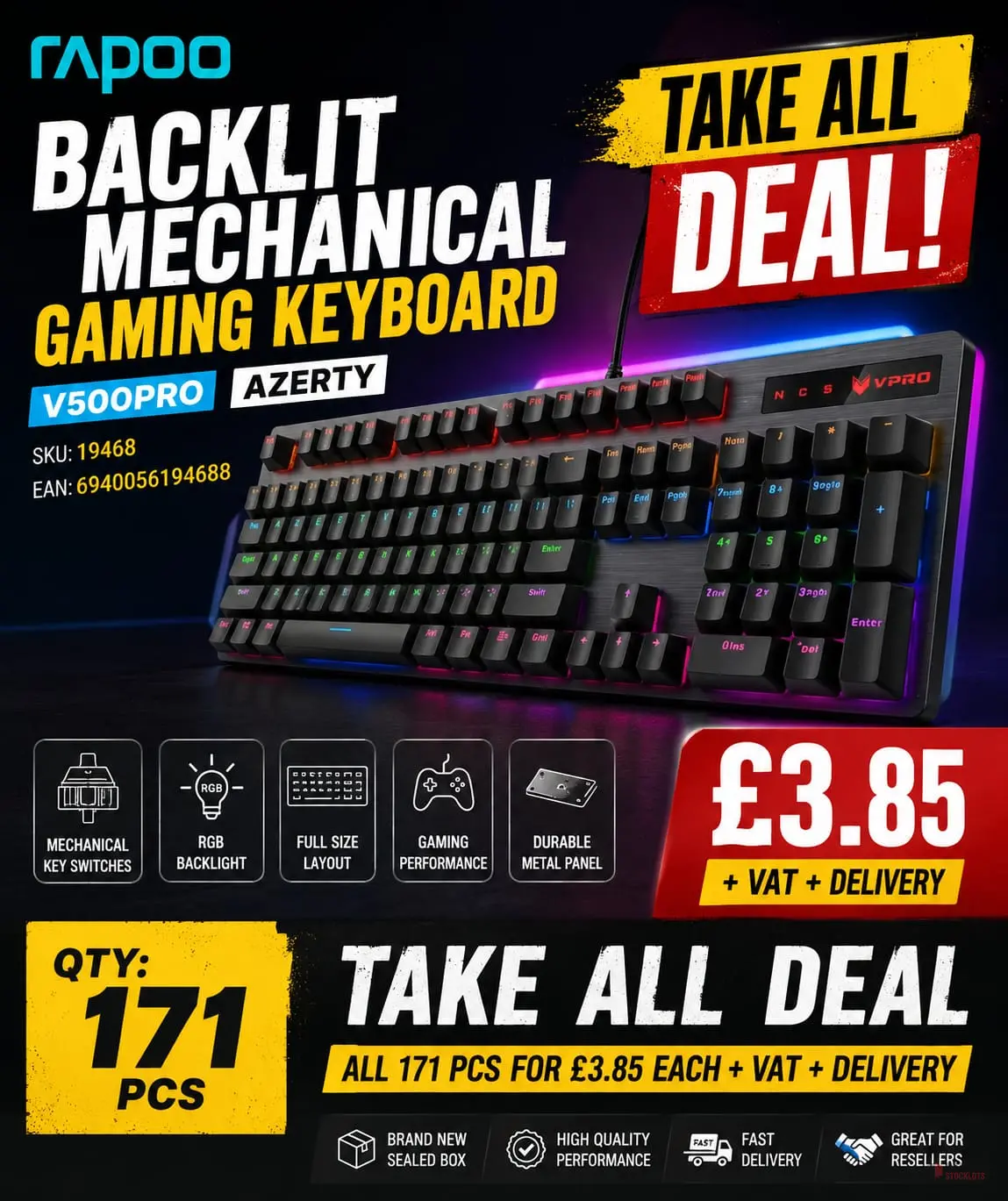 RAPOO BACKLIT MECHANICAL GAMING KEYBOARD V500PRO AZERTY 19468 - Premier B2B Stocklot Marketplace RAPOO BACKLIT MECHANICAL GAMING KEYBOARD V500PRO AZERTY 19468 - Premier B2B Stocklot Marketplace