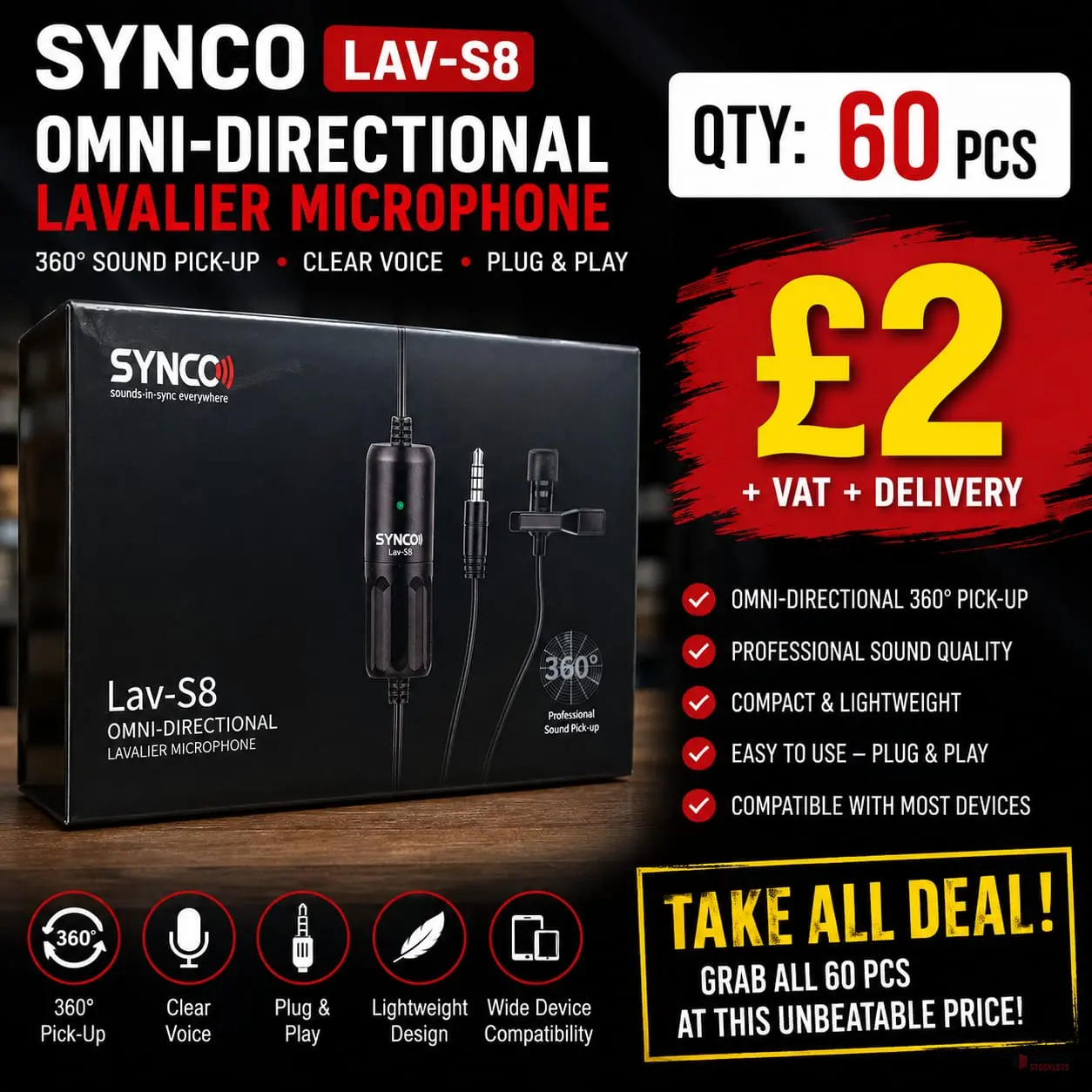 60 PIECES Synco LAV-S8 Omni Directional Lavalier Microphone - Premier B2B Stocklot Marketplace 60 PIECES Synco LAV-S8 Omni Directional Lavalier Microphone - Premier B2B Stocklot Marketplace