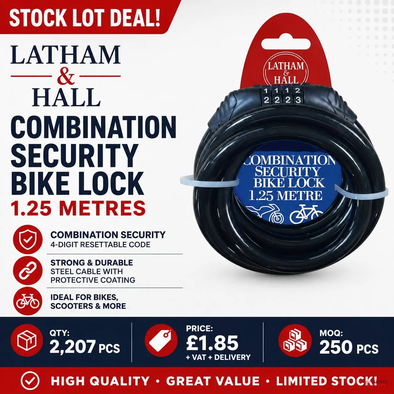 2207 PIECES LATHAM & HALL COMBINATION SECURITY BIKE LOCK 1.25 METRES - Premier B2B Stocklot Marketplace 2207 PIECES LATHAM & HALL COMBINATION SECURITY BIKE LOCK 1.25 METRES - Premier B2B Stocklot Marketplace